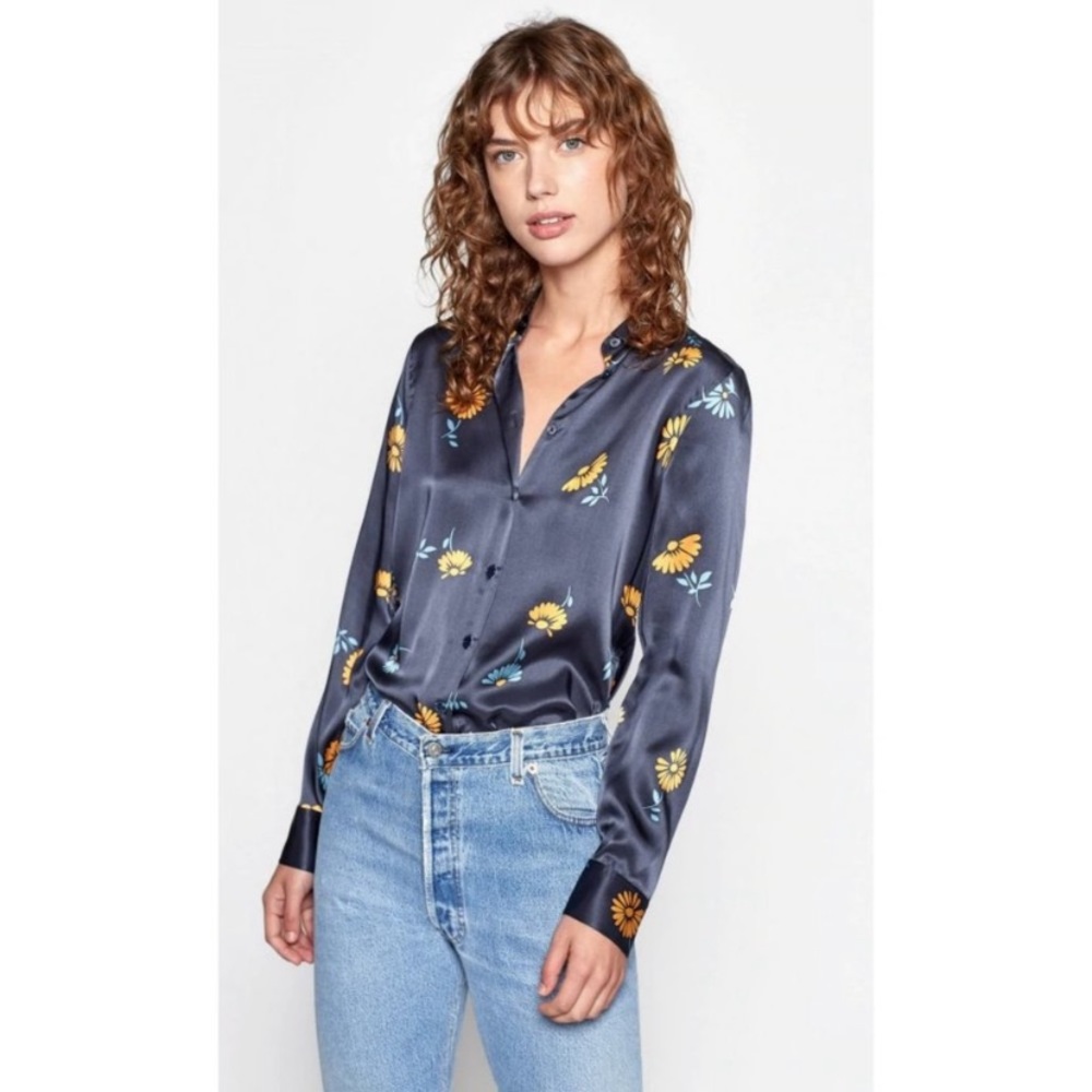 Equipment Essential Floral Silk Satin Button Down Shirt Blue Size Small